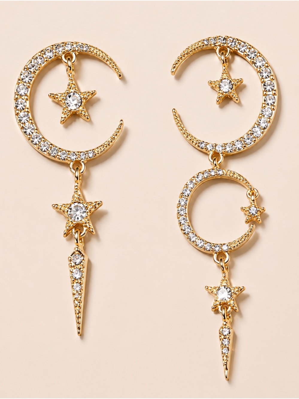 Gold Moon & Star Earrings with Clear Crystals